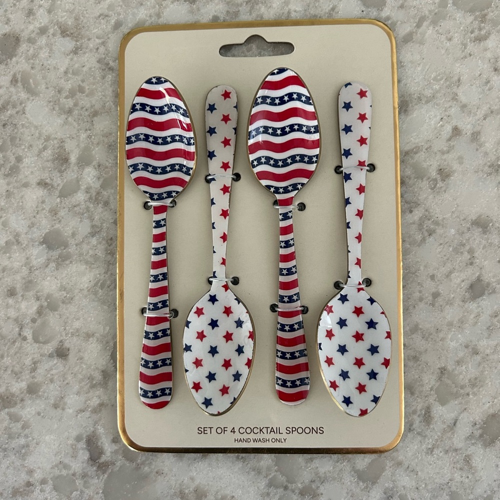 “New”Patriotic Red, White, Blue, Star & Stripe Cocktail Spoons - Set of 4